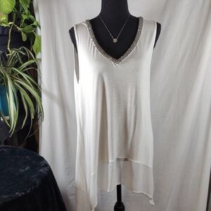 New York & Company White Tank Top with Embellished V-Neck - Size L